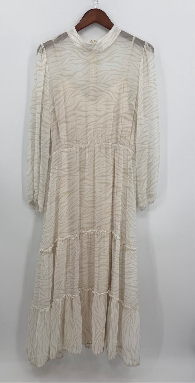 Lost + Wander Ivory Zebra Print Sheer Tiered Maxi Dress Lace Hem Boho Large